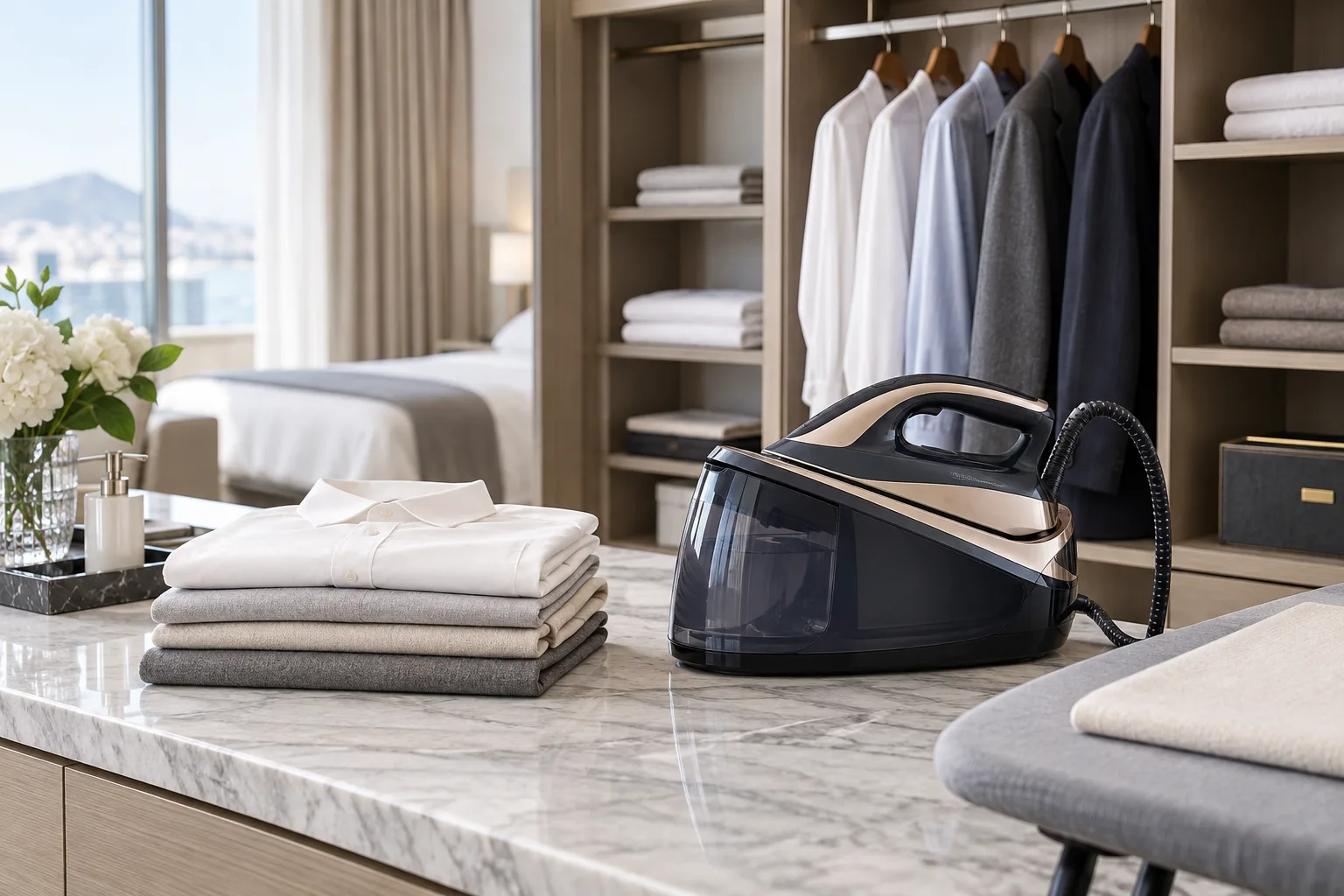 Fabric care equipment organized in a bright utility space