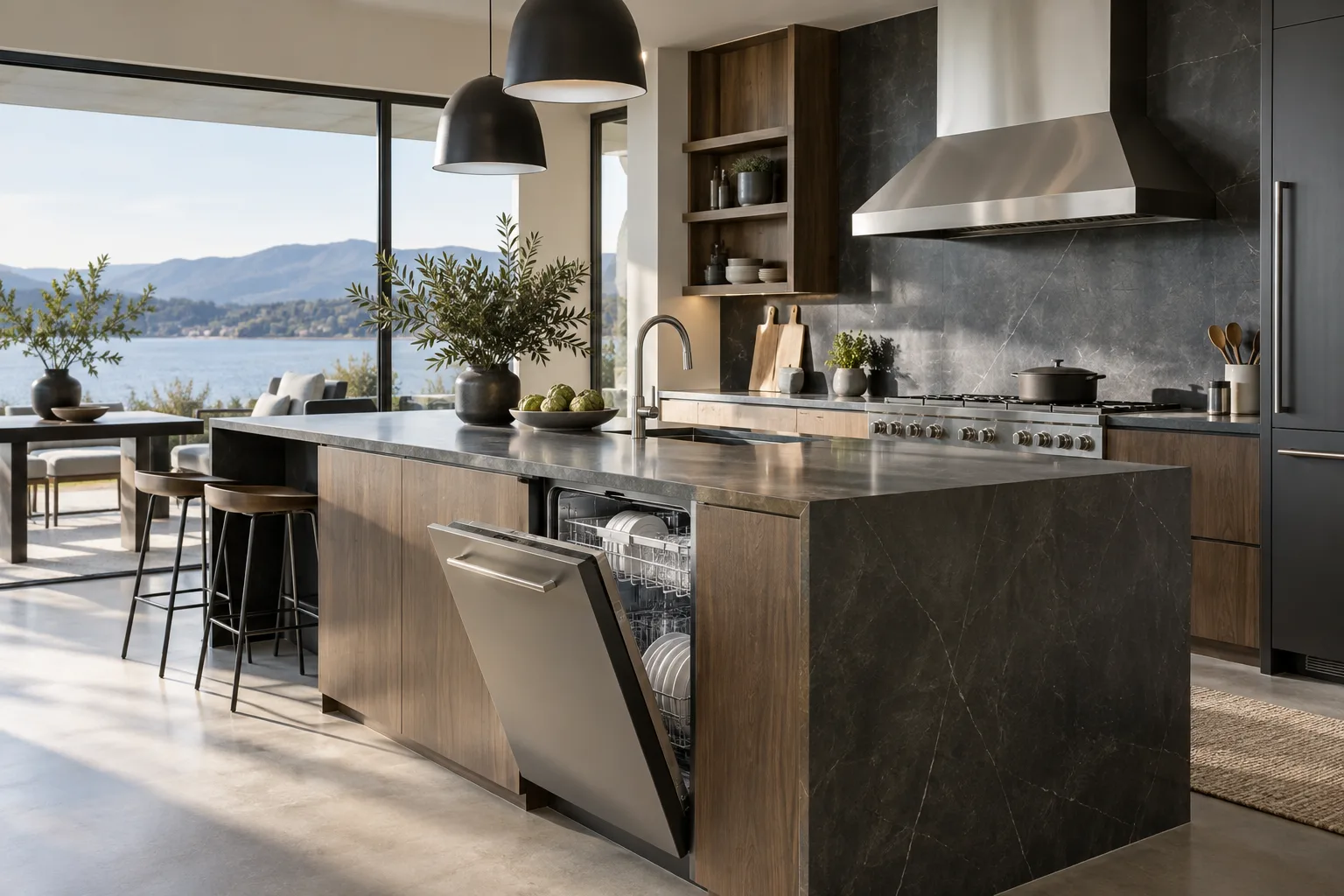Dish care and ventilation equipment in a finished kitchen setting