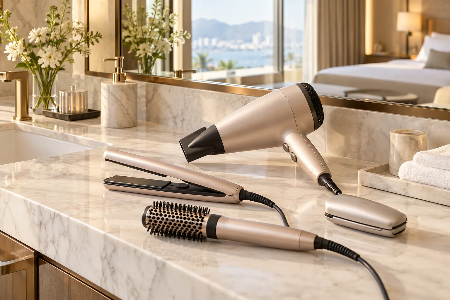 Hair care appliances arranged for a hospitality supply review