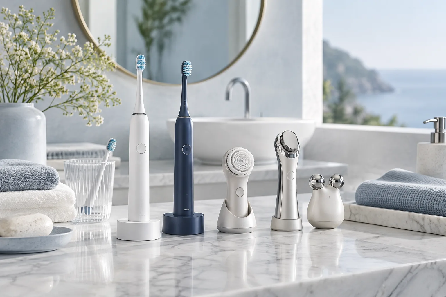 Oral and beauty care appliances displayed in a clean wellness environment